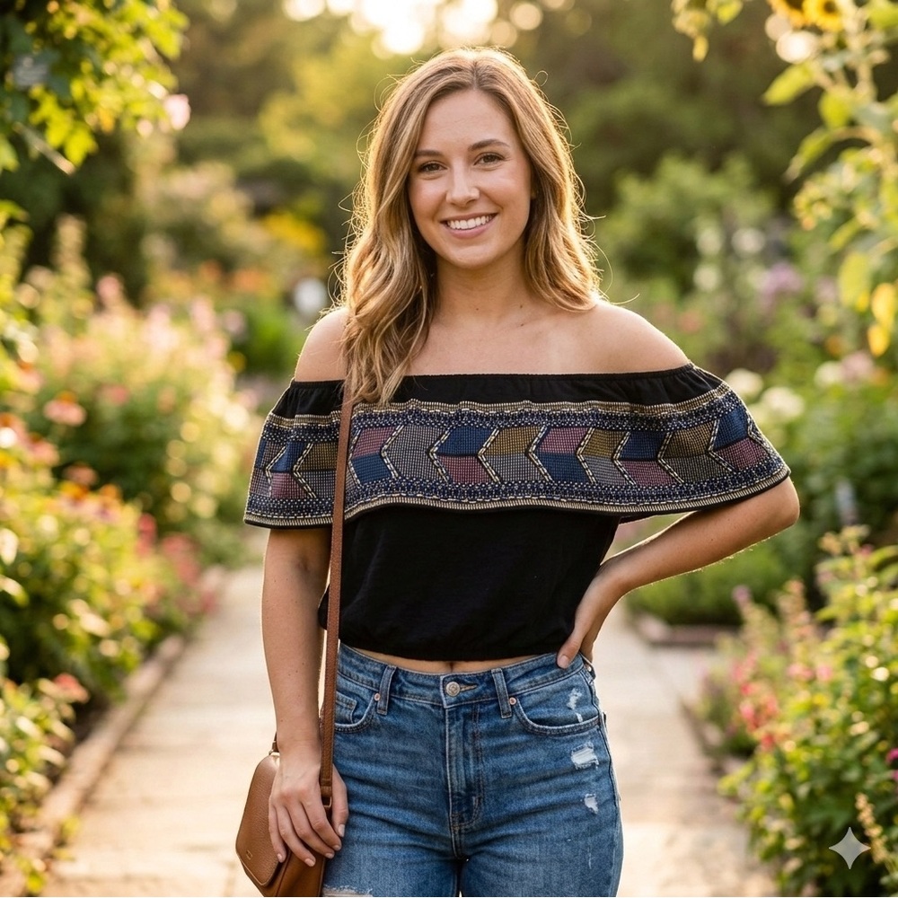 Ocean Drive Black Off Shoulder Crop Top With Sleeve Tribal Print Bohemian Size L
